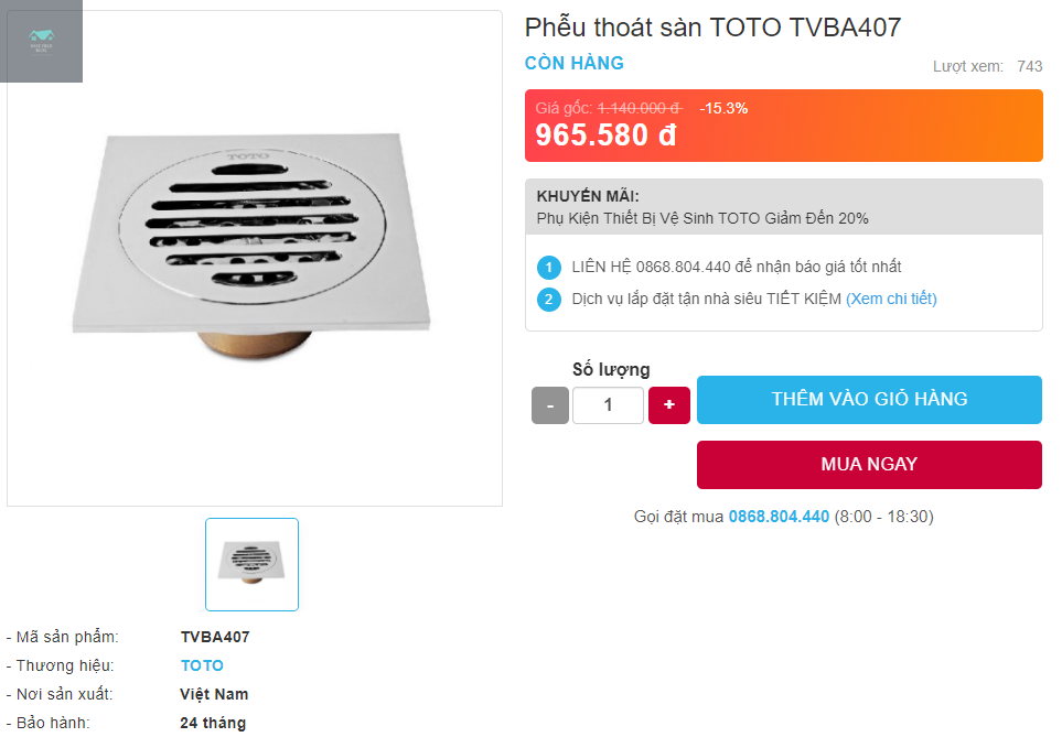 Giá bán nắp rửa điện tử Phễu Thoát Sàn TOTO TVBA407 